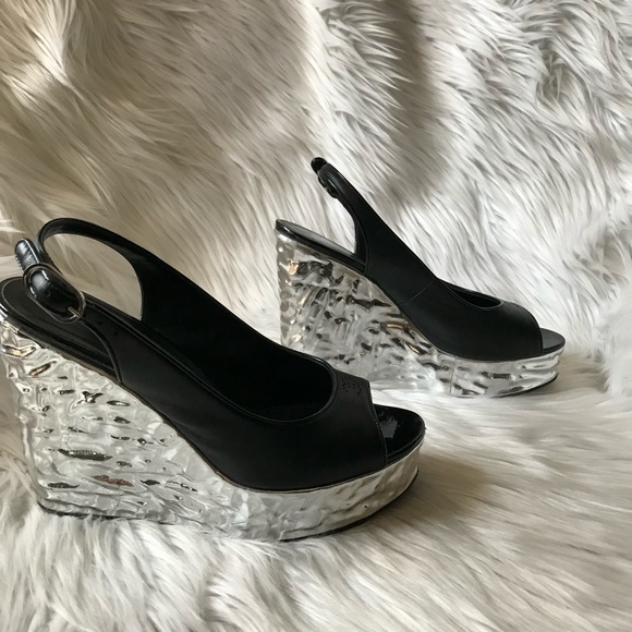 Chanel Leather & Metallic Platform Wedges Sandals - Picture 5 of 8